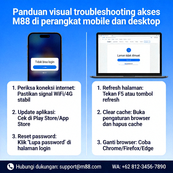 Panduan visual troubleshooting akses M88 di perangkat mobile dan desktop